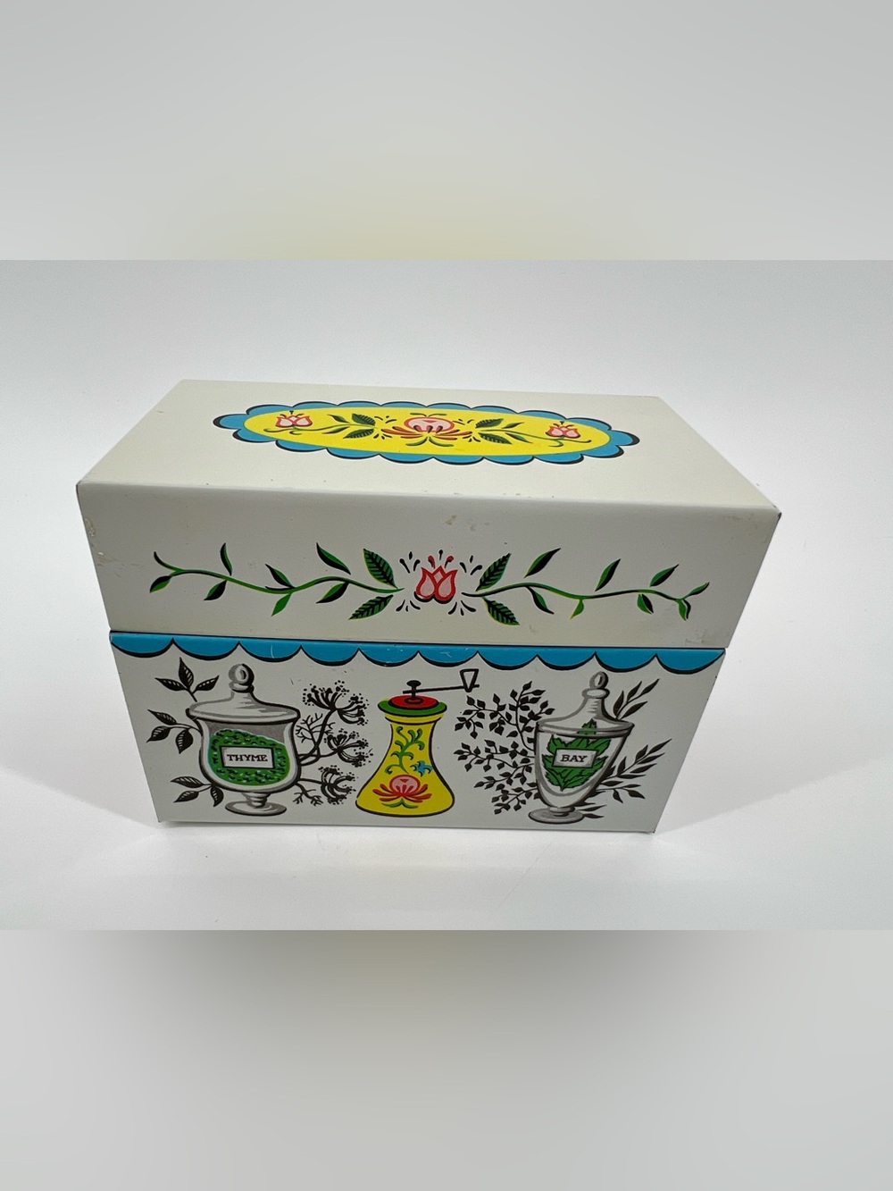 Decorative White Floral Apothecary Box with Yellow & Teal Accents